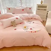KASBLUEL Twin Duvet Cover, Cotton Soft 3Pcs Zipper Bedding Sets, 3D Embroidery Chenille Reversible Bed Set, Pink Strawberry Floral Cute Kawaii Comforter Cover for Kids Teen Girls Cottagecore Decor