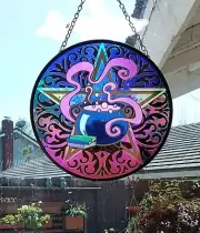 WITCHES CAULDRON Suncatcher, 6" Stained Glass Suncatcher With WICCAN PENTACLE