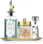 Glass Mouthwash Dispenser for Bathroom with Cups, Style Mouthwash Container Bottle with Qtip Holder,Glass Bottle 11.8oz Refillable Mouthwash Dispenser with Tray Funnel, Golden