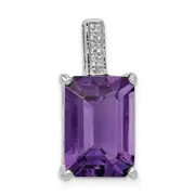 Sterling Silver Rhodium Emerald-Cut Amethyst & Diamond Pendant