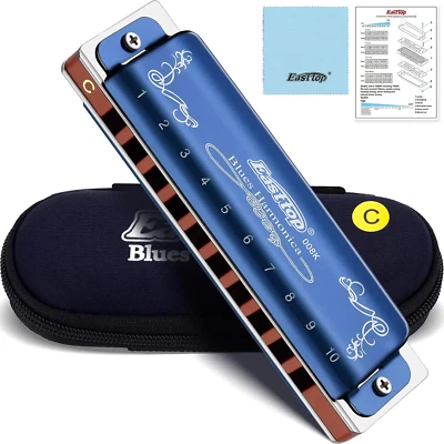 Harmonica Key of C, 10 Holes 008K Diatonic Blues Harp Mouth Organ with Blue Case