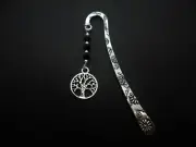 A TIBETAN SILVER BLACK CRYSTAL BEAD & TREE OF LIFE CHARM BOOKMARK. NEW.
