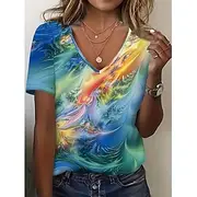 Women's T Shirt Ombre Graphic Abstract Vintage Stylish Classic Short Sleeve V Neck Regular Tops Daily Going out Weekend Print Red Blue Green Summer Spring