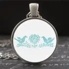 Vintage Pyrex Pattern Blue Bird Art Photo Necklace Retro Charm Pendant MCM Gifts