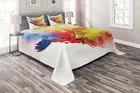 Colorful Quilted Coverlet & Pillow Shams Set, Parrot with Feathers Print