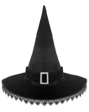Halloween Witch Hat Lace-Trimmed Pointed Hat Women Wizard Hat Black Costume C...
