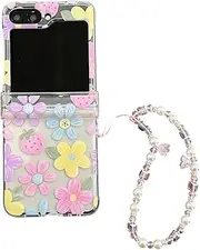 [GCVXRUD] Compatible with Samsung Galaxy Z Flip5/Z Flip6 Case, Cute Flower Pattern Clear Fold Phone Cover with Key Chain for Girls Women, Butterfly Galaxy Z Flip 6 Case (Floral,Z Flip6)