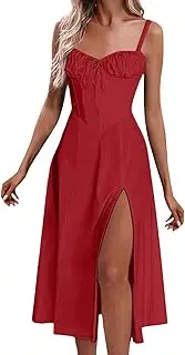 [Generic] Midi Corset Dress Boho Flowy Slit Lace Up Dresses for Women Summer Spaghetti Straps A Line Casual Bustier Sundress