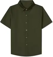 [SANGTREE] Mens & Boys Short Sleeve Dress Shirts Cotton Button Down Shirts for Boys, 12 Months - Men 2XL, Army Green, 8-9 Years