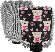 Washing Mitts Car Wash Absorbent Microfiber Chenille Cute Teddy Bear Pink Heart Black Cleaning Car Detailing Mitts Soft Non Scratch, Large x 2 Pack