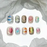 Sun&Beam Nails Handmade Press-on Short Squoval Round Blue Green Orange Purple Ombre Hand-Painted 3D Design Fashion False Nail Tips 10 Pcs Set (#206 XS)