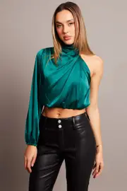 Green High Neck Blouse One Sleeve Asymmetric Top - Size 14, Women's Shirt