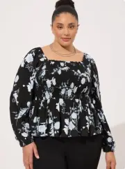 Torrid Rayon Slub Smocked Bodice Long Sleeve Crop Blouse Size 6X Black Floral