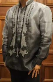 Black and Gray Long Sleeve Organza Barong Tagalog SIZE 2XL