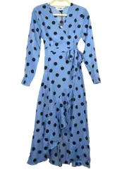 Cooper St Women's Size Small Blue Polka Dot Ruffled Long Sleeve Retro Wrap Dress