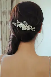 White Rose Hair Comb w. Crystal Beads in Sterling Silver | Handmade