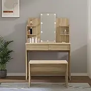 Dressing Table Set with LED Lights, Sonoma Oak Engineered Wood, Ample Storage, 96x40x142 cm, Modern Vanity for Bedroom Decor, Stable & Durable with USB LED Bulbs, Mirror & Stool Included