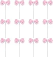 12 PCS Pink Bow Cake Topper Pink Bow Cupcake Toppers Bowknot Cupcake Picks Pink Bow Baby Shower Cupcake Toppers for Bachelorette Bridal Engagement Wedding Girl Baby Shower Bow Theme Party Decor