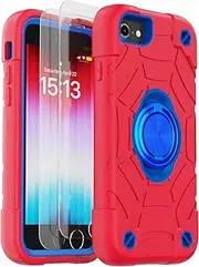 KCJ for iPhone SE Case 2022/2020, iPhone 8/7/6/6S Case, with [2×Screen Protectors][Ring Stand] Soft Silicone+Hard PC Full Body Protection Heavy Duty Phone Case 4.7 inch. (Red+Blue)