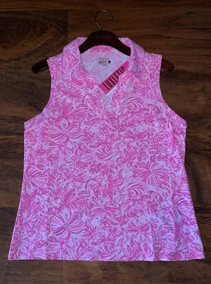 Lilly Pulitzer LARGE Pink Foxy Llama IMARA SLEEVELESS POLO TOP Luxletic NWT