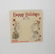 Vintage Snowflake Hoop Earrings Steel Posts Silver Tone Dangle Drop New