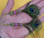 Peacock Earrings Prayer Feathers W Peyote Stitch Adornment Medicine Ceremonies