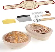 Set of 13 Sourdough Starter Kits, 9.8" Round & 9.5" Banneton Proofing Baskets, with Cloth Liner, Bread Lame, Danish Dough Whisk, Dough Scraper, Bread Sling, Sourdough Bread Baking Supplies