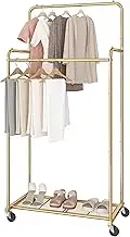Simple Trending Double Rod Clothes Garment Rack, Heavy Duty Clothing Rolling Rack on Wheels for Hanging Clothes,with 4 Hooks, Gold