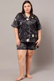 Black Print Pj Set Celestial Satin Contrast Piping Pyjama Set