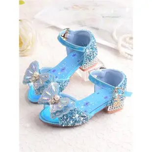 愛莎公主鞋2023夏季新款女童涼鞋兒童冰雪奇緣軟底閃亮水晶高跟鞋