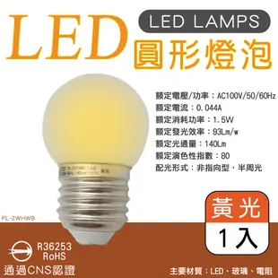 【美克斯UNIMAX】PL-2WH圓形LED燈泡1.5W單顆裝 白/黃(燈泡E27省電CNS認證 耐 (1.8折)