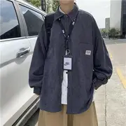 Corduroy Label Applique Button-Up Shirt Dark Gray - M