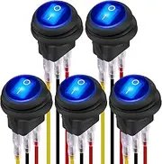 DaierTek 12V 20A Waterproof Rocker Switch Blue LED Lighted Round ON Off 3 Pin 12 Volt Weatherproof Illuminated Toggle for Marine Car RV Truck -5Pack