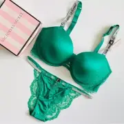 38DD MEDIUM Victoria’s Secret green bling shine pushup bra set cheeky panties