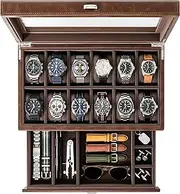 TAWBURY 12 Slot Watch Box With Drawer - Designed in Australia | Brown Vegan Leather Case | Men's Storage Box | Watchbox