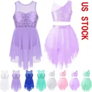 Girls Lyrical Ballet Tutus Dance Costumes Sequin Crop Top Layered Mesh Skirts