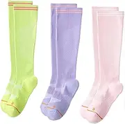 [Dress Cici] Cushioned Cotton Compression Socks, Cuff Stripes Compression Sock for Women, Athletic Knee High Long Socks (3 Pack)