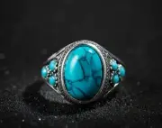 Stunning Turquoise Laid On Alloy Silver Elegant Style Ring Size 10