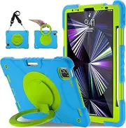 Case for iPad Pro 11 Inch 4th 2022/3rd 2021/2nd 2020/1st Gen 2018, iPad Air 10.9 Inch 2022/2020 5th/4th Generation Case with Pencil Holder/360° Rotating Handle Stand, Blue+Green