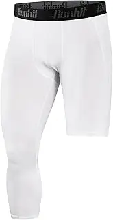 [Runhit] Short Half Men's Compression Pants One Leg 3/4 Length Capri Running Tights Leggings Workout Athletic Base Layer for Basketball White