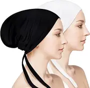 [Unittype] 2 Pieces Women Under Scarf Hat Hijab Cap Islamic Hijab Undercap Bonnet Cap Muslim Inner Beanies Hat Underscarf Turban Caps with Ties Back, Black, White