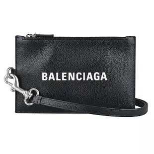 【Balenciaga 巴黎世家】經典標誌白字LOGO牛皮手拿證件零錢包(黑)