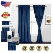 Navy Velvet Blackout Window Curtains - 90” Length, Noise Reduction Luxury Drapes