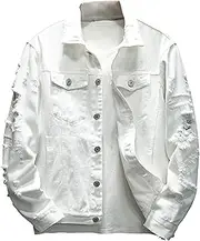 [JEShifangjiusu] Men's Vintage Denim Jacket Rugged Wear Long Sleeve Casual Trucker Jackets, White, 5X-Large