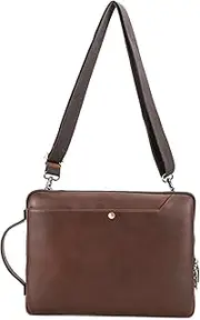 CONTACT'S FAMILY Laptop Shoulder Bag for 14.2 Inch MacBook Pro, Genuine Leather Laptop Messenger Bag for 14.2 Inch MacBook Pro with Leather Handle, Coffee