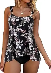 [DOULAFASS] Tankini Women's Tummy Control Ruffle High Waisted Bikini Two Piece Push Up Swimwear Round Neck Swimsuits