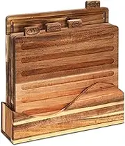 Acacia Wooden Cutting Board Set with Labeled Food Icon 4 Pcs Wood Chopping Boards with Stand and Juice Groove for Kitchen Meat Fish Bread Vegetable Fruit Chopping