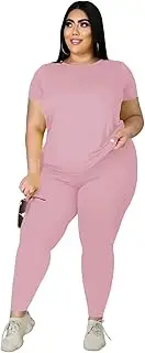 [Tycorwd] Plus Size Two Piece Outfits For Women Summer Sweatsuits Jogger Sets Casual Print Long Pants Tracksuit Sets Pink 3XL, Pink, 3X-Large Plus