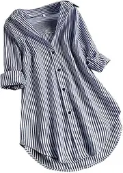 [Generic] Turtle Neck Top for Women Pack Collar Top Shirts Blouse Loose Sleeve Women Turn-Down Button Stripe Long Women's Blouse Tee Teen (Navy-1, M)