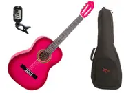 Valencia Full Size Classical Guitar Pack Pink C/W Padded Bag and Clip On Tuner